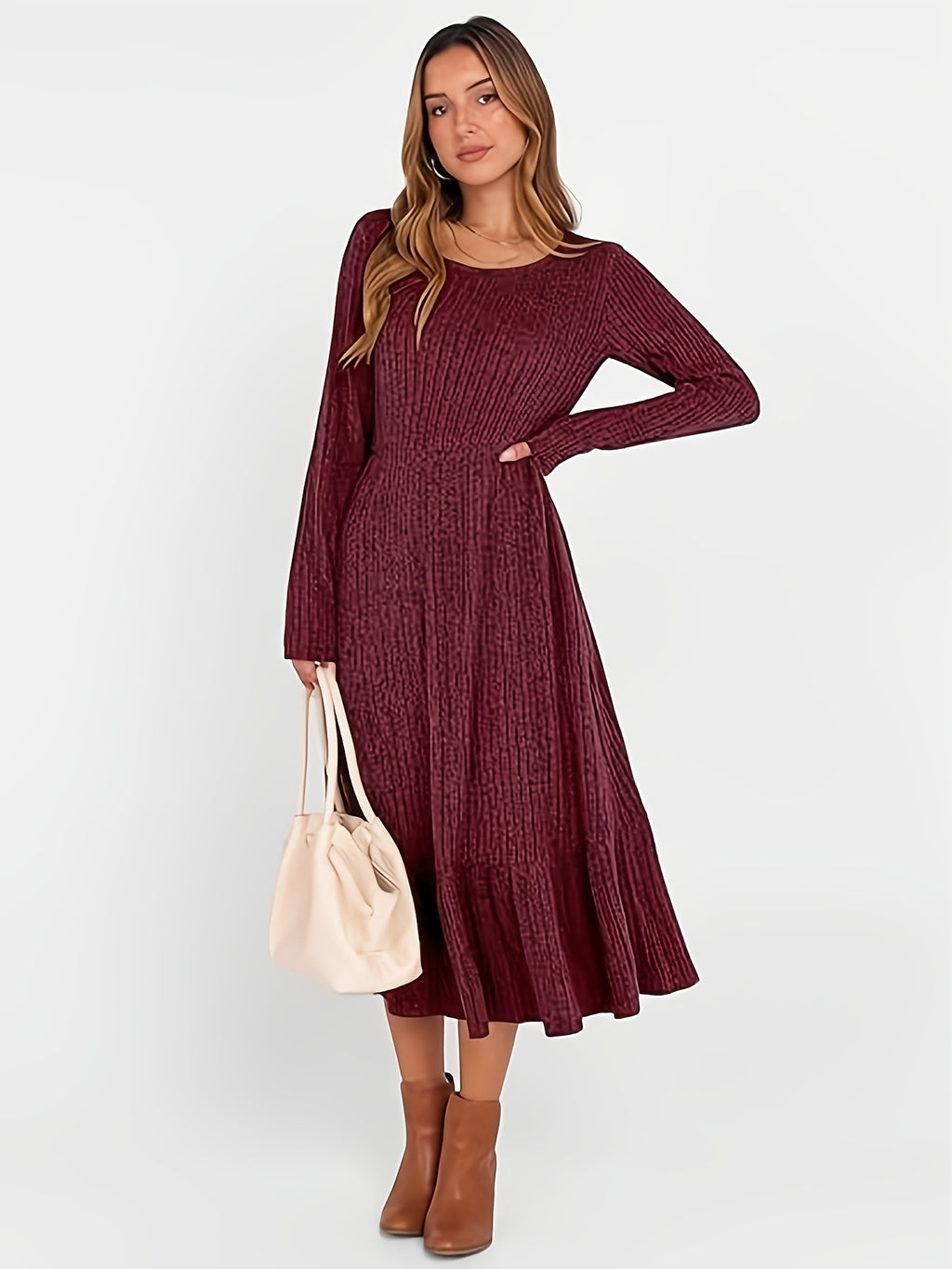 Ribbed Knit Maxi Dress Women Crew Neck Waist Cinched Pocket Warm Flattering Fall Winter Casual Office Daily Solid Color 100% Polyester
