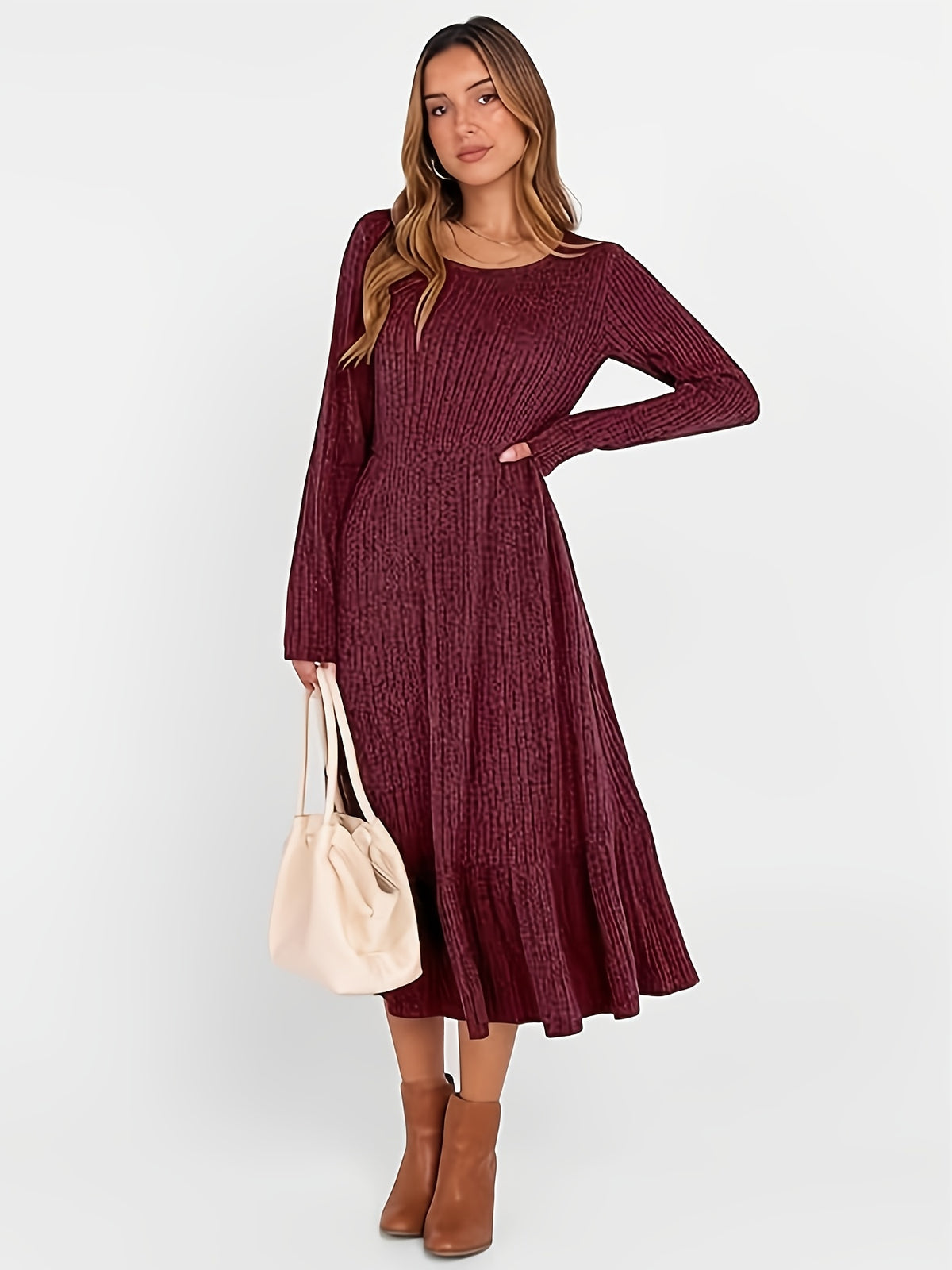 Ribbed Waist-Cinched Maxi Dress for Women | Crew Neck Knit Long Dress with Pockets | Warm Flattering Fall Winter Dress | Solid Color Office Casual Dress Women