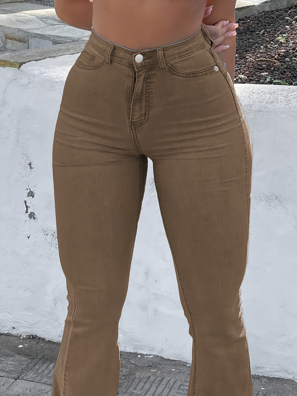 High Waist Stretch Flare Jeans Women Wide Leg Pants with Pockets – Solid Color Street Style, All-Season Comfortable Denim, Machine Washable