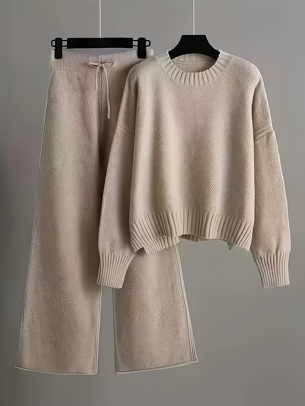 2pcs Sweater Set Women Seed Stitch Crewneck Drop Shoulder Long Sleeve Top Drawstring Wide Leg Pants Retro Autumn Lounge