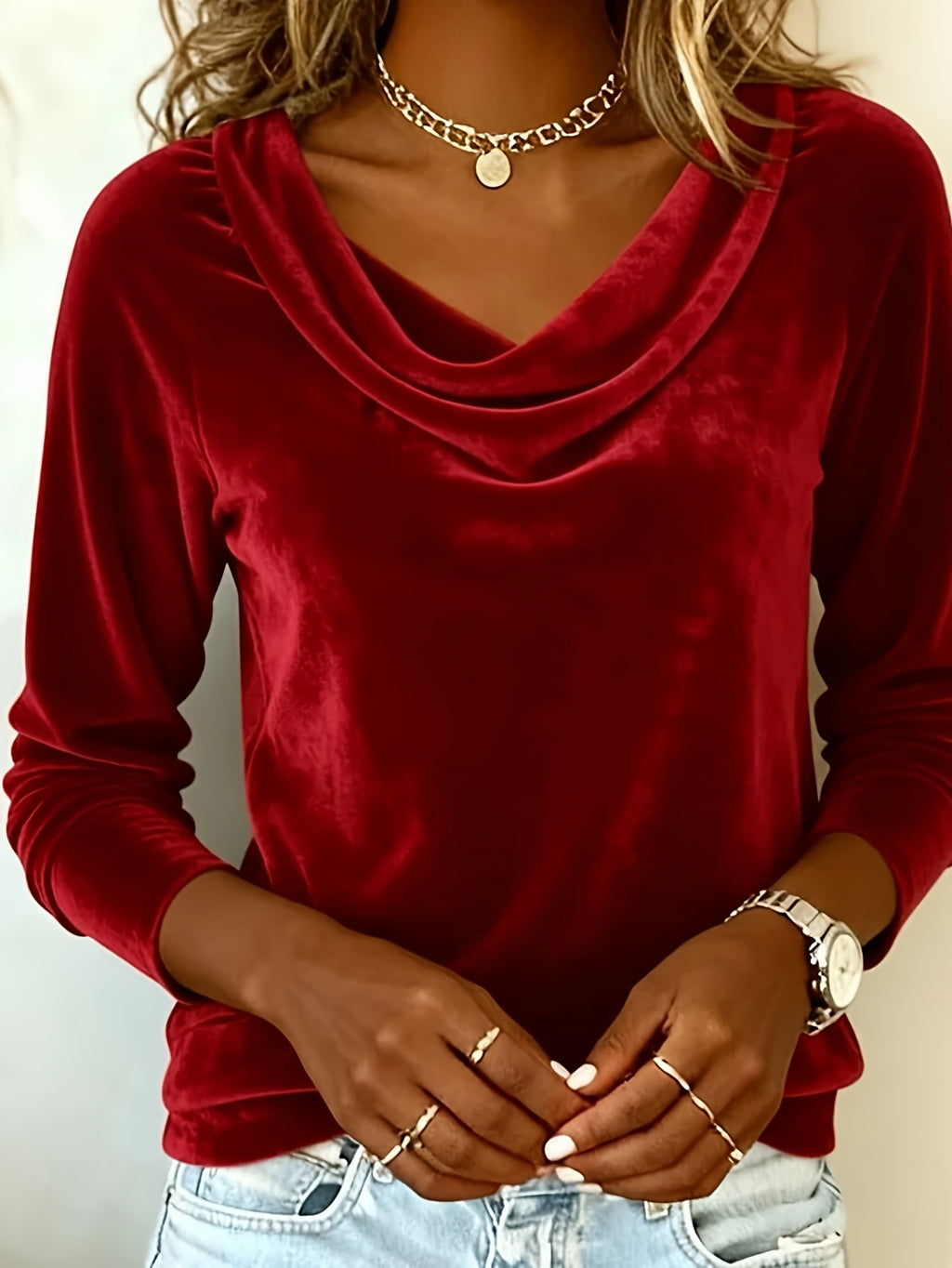 Velvet Swing Collar Long Sleeve Top Women Elegant Solid Color Stretchy Blouse Workplace Office Shirt Red Green Black Gold Fall Winter S-XXL