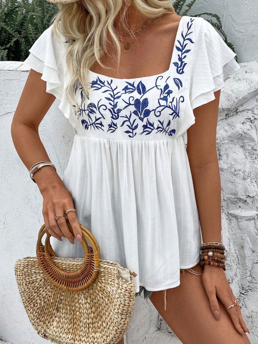 Embroidered Blouse Women Square Neck Lace Short Sleeve Ruffle Boho Floral Babydoll Loose Fit Casual Elegant Top S M L XL XXL