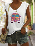 Graphic Print Tank Top Women V-Neck Hippie Rock Boho Sleeveless Summer Casual Vest Top 7 Colors S-XXL