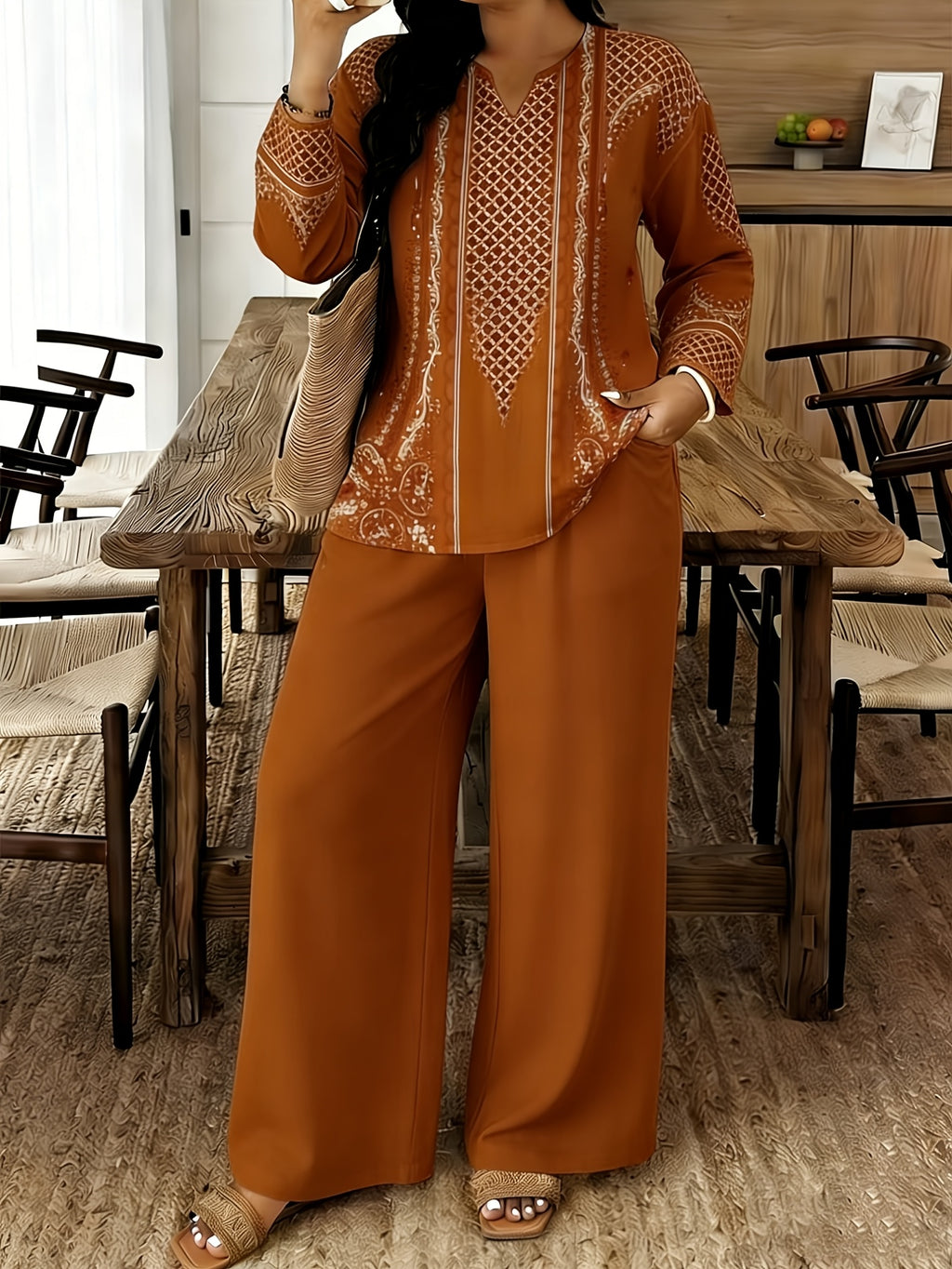 Women's 2-Piece Long Sleeve Printed Pants Set V-Neck Top Spring Summer Elegant Casual Outfit S-XXL