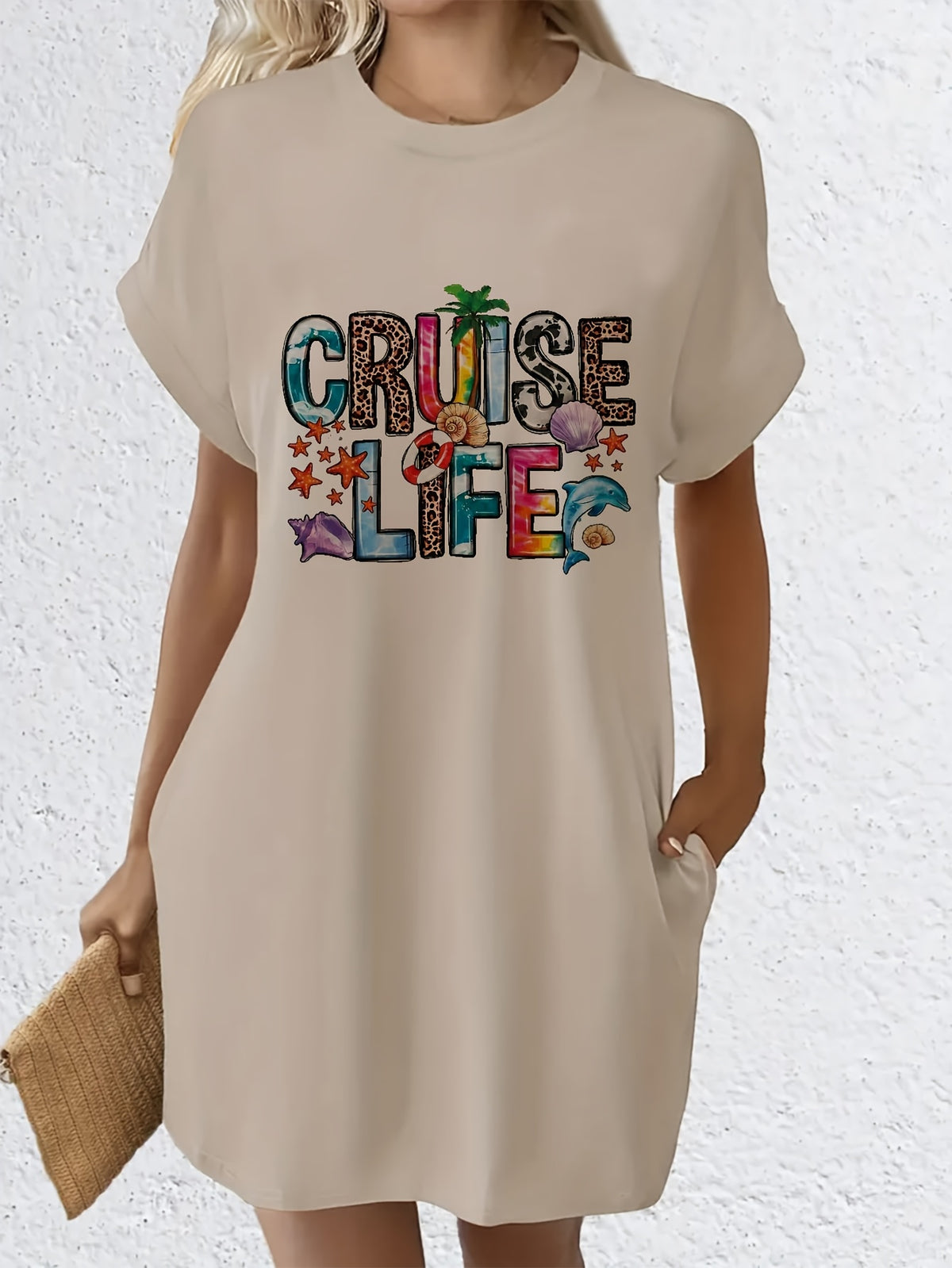 T-Shirt Dress Women Graphic Print Crew Neck Short Sleeve Casual Loose Stretch Spring Summer Machine Washable S M L XL XXL