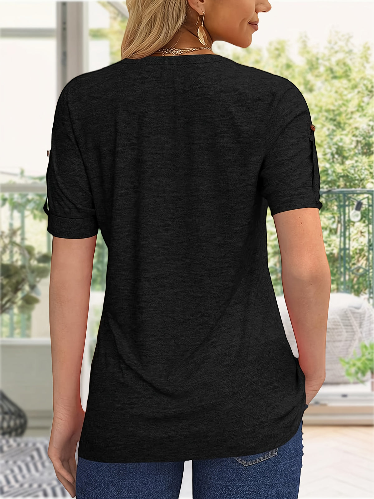 Button Front V-Neck Top Women Pleated Detail Short Sleeve Solid Color Casual Summer Blouse Lightweight Breathable Machine Washable