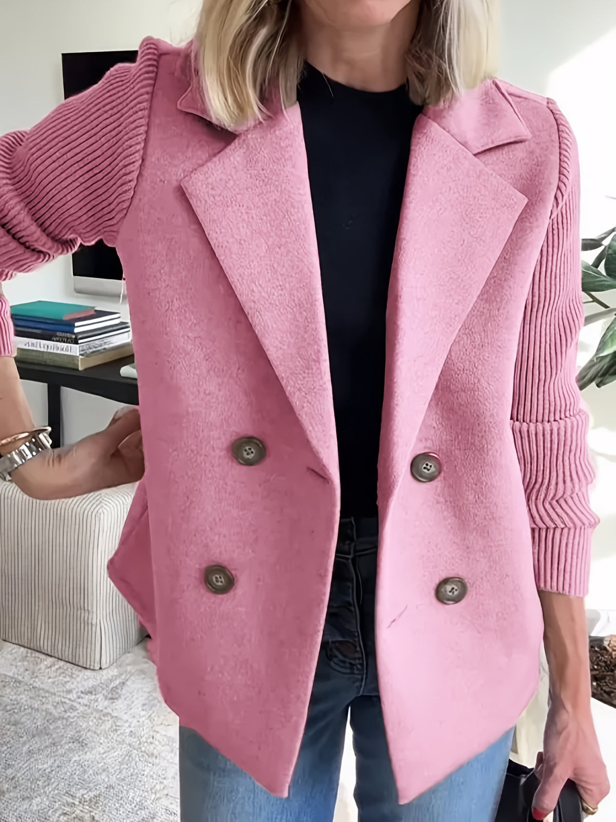 Women Double Breasted Loose Casual Suit Jacket Long Raglan Sleeve Solid Color Fall Winter Dark Brown Khaki Blue Grey Green Pink S-XXL