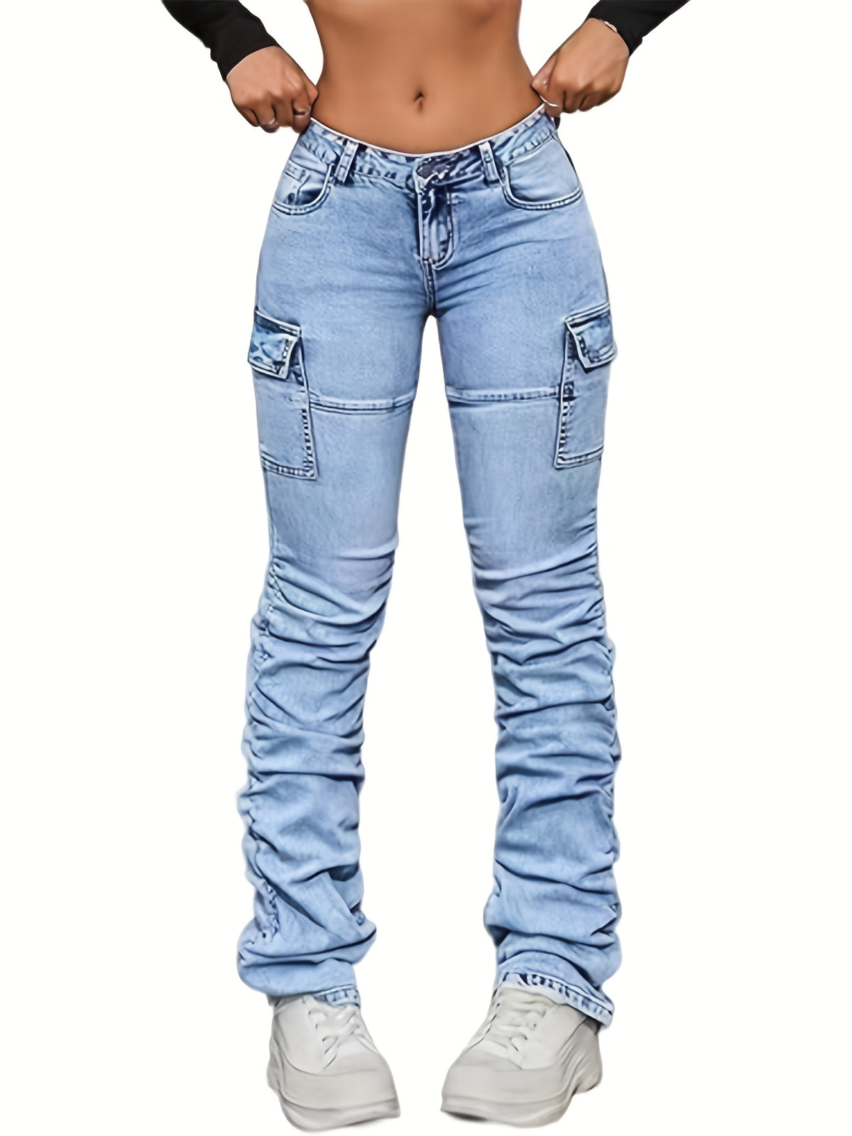 Sky Blue Slim Fit Pleated Leg Jeans for Women - Stretchy Fashion Denim with Unique Pleated Design, Stylish Practical Casual Pants for Everyday & Going Out Outfits