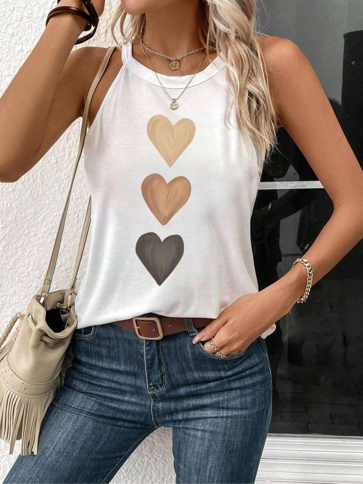 Heart Print Tank Top for Women | Cute Sleeveless Vest Shirt | Round Neck Casual Summer Top | Lightweight Polyester Graphic Tee Women White