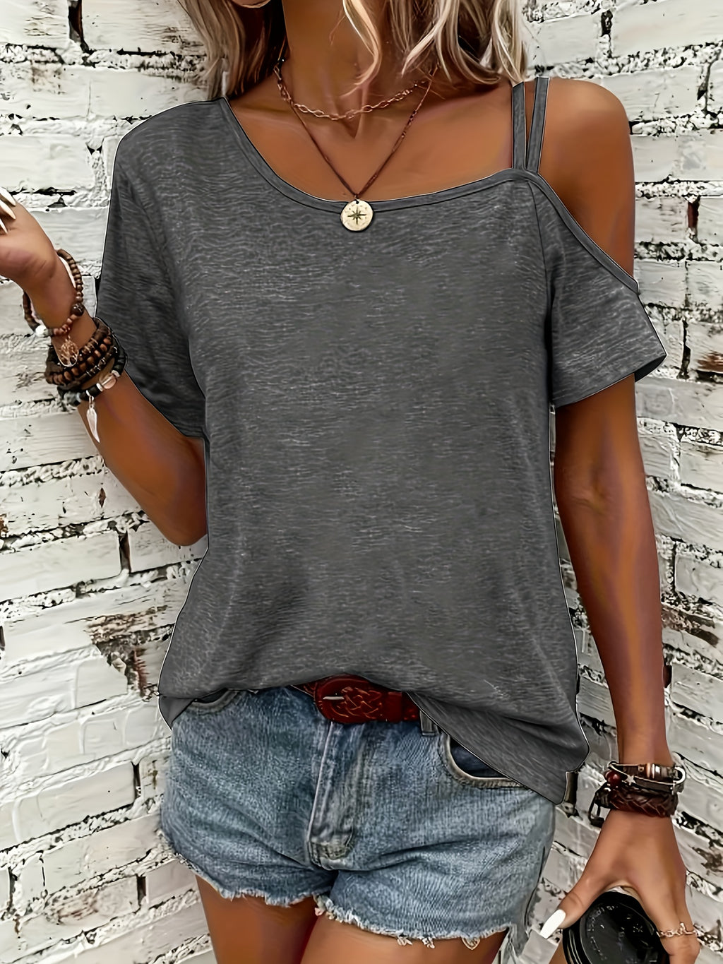 One Shoulder Gray Women Top Short Sleeve Asymmetric Casual Relaxed T-Shirt Daily Wear Spring Summer Chic Solid Color Pullover