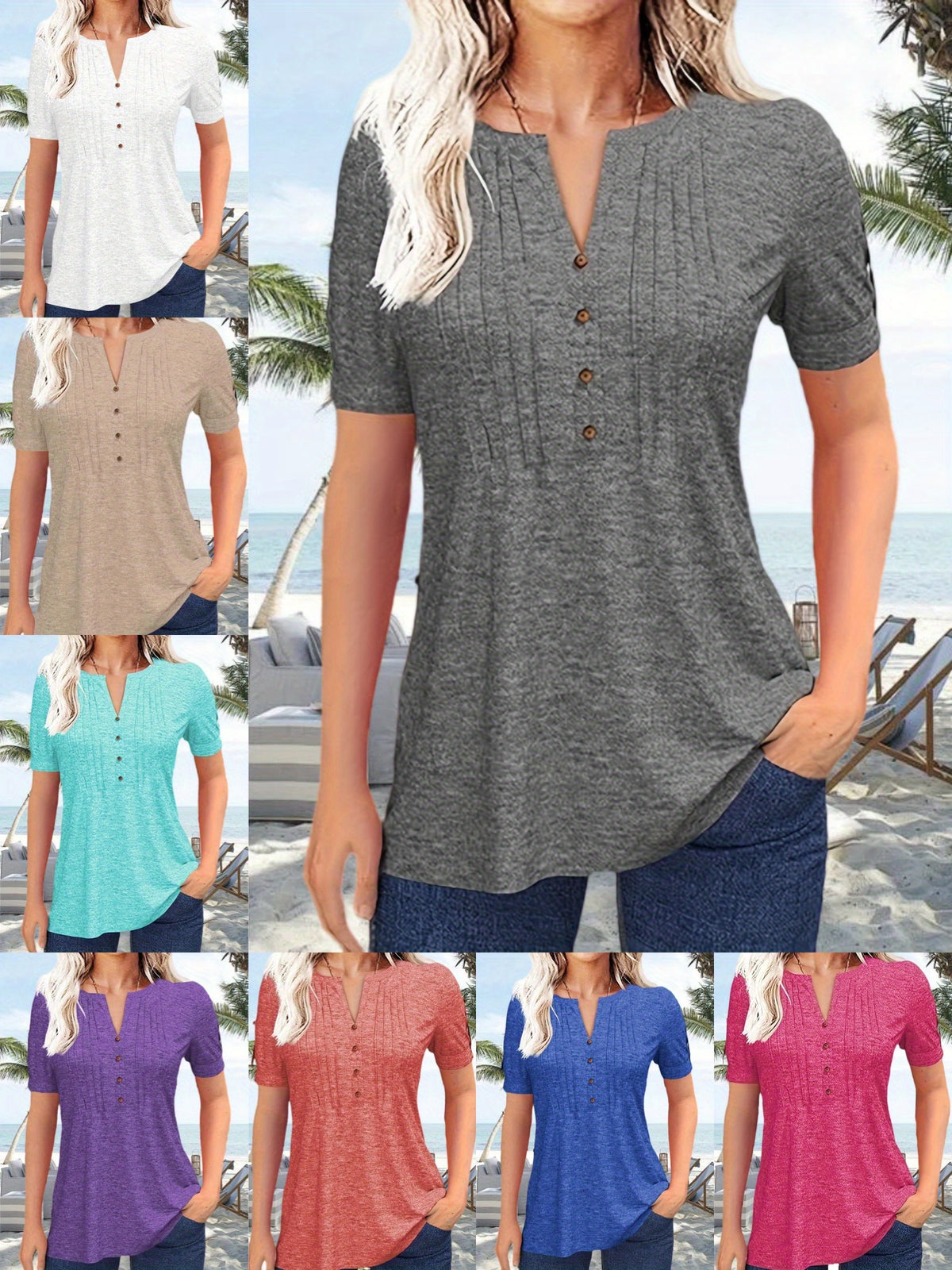 V-Neck Pleated Blouse Women Short Sleeve Button-Up Solid Color Summer Casual Flowy Top S-XL