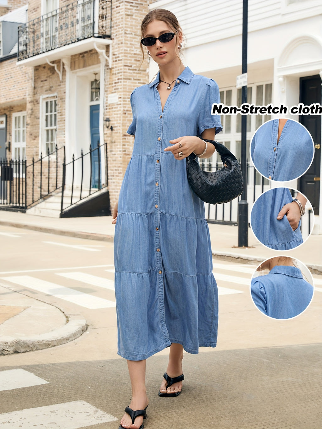 Lyocell Tiered Ruffle Hem Denim Dress Women V-Neck Short Sleeve Maxi Floor-Length Light Blue Casual Vacation All-Season Regular Fit