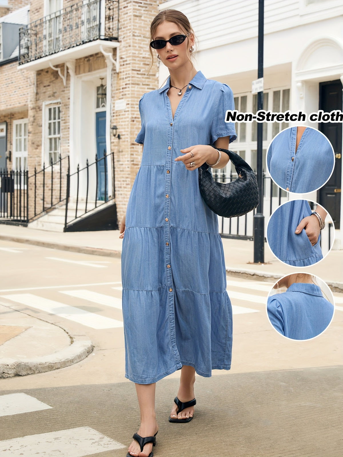 Lyocell Tiered Ruffle Hem Denim Dress Women V-Neck Short Sleeve Maxi Floor-Length Light Blue Casual Vacation All-Season Regular Fit