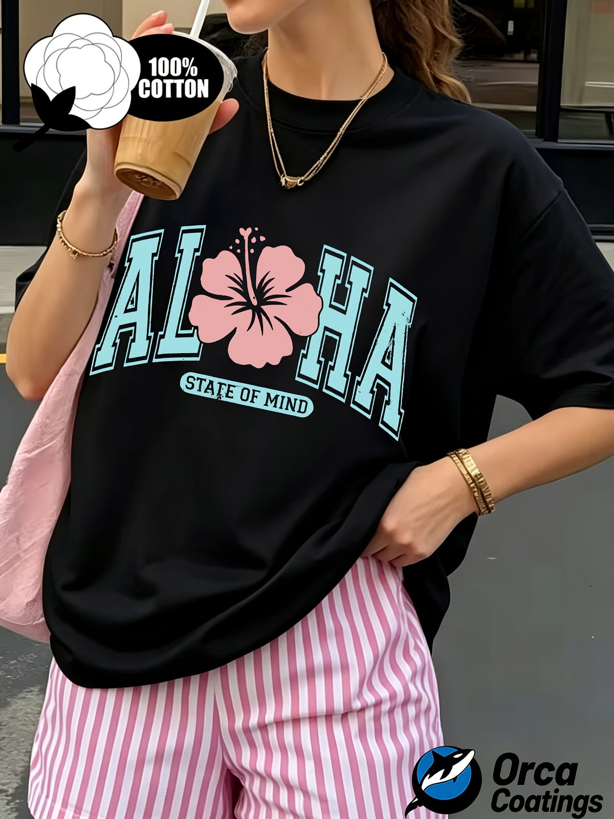Women's Aloha Hibiscus Graphic Print T-Shirt 100% Cotton Crew Neck Short Sleeve Summer Beach Casual Tee