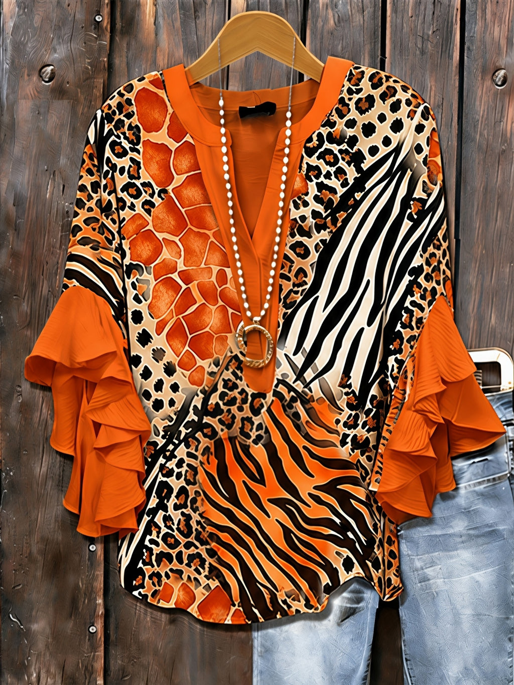 Animal Print Ruffle Sleeve Tunic Top Women V-Neck Long Blouse Three Quarter Patchwork Loose Fit Casual Daily Commute Date Night 95% Polyester