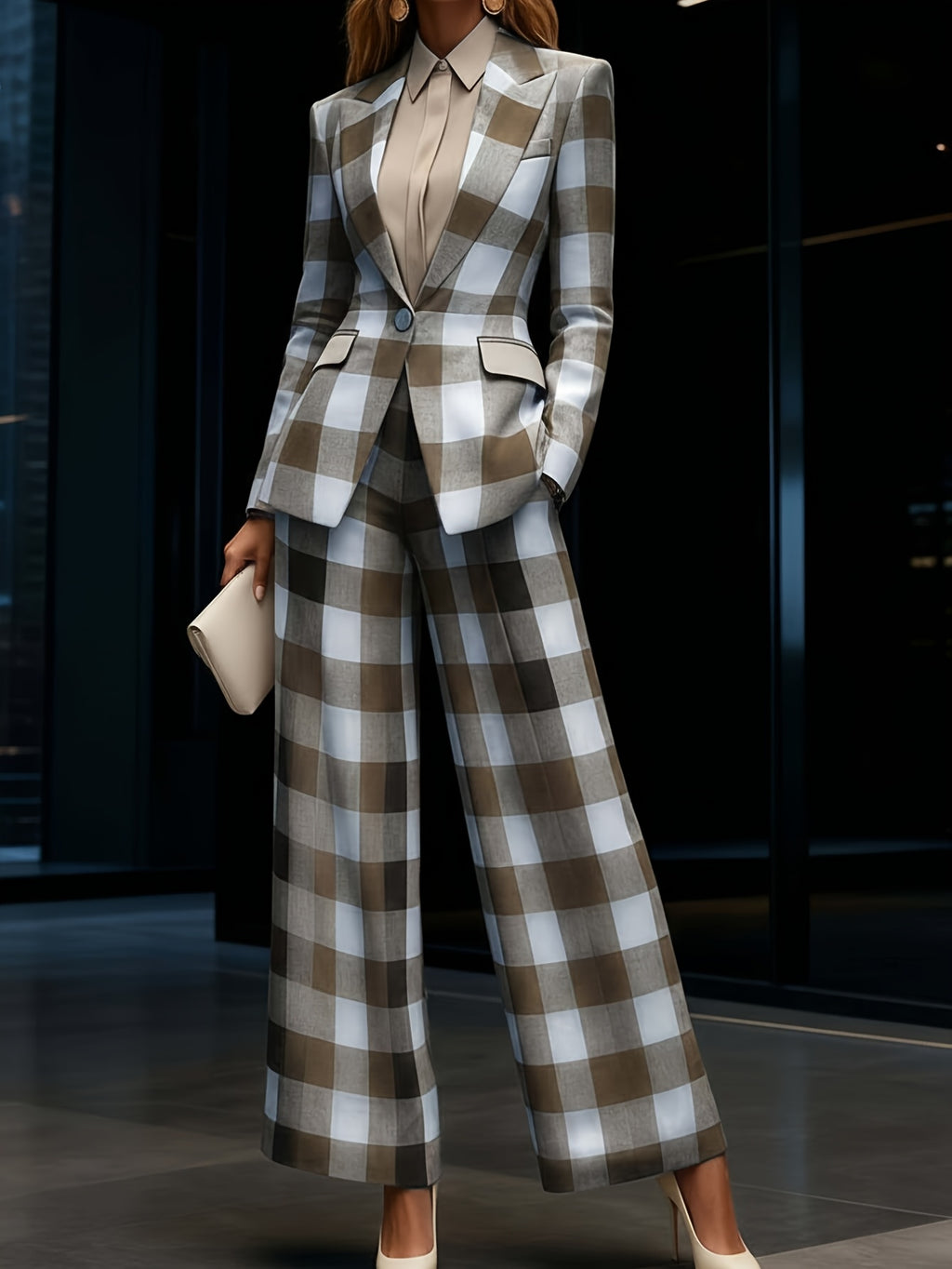 Women's 2pcs Plaid Wide Leg Pants Suit Waist Cinched Slim Fit Professional Blazer Set Workplace Business Casual Outfit
