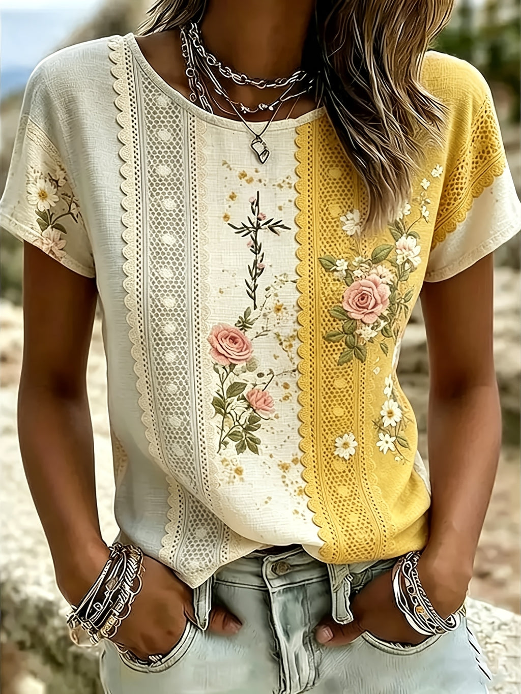Y2K Geometric Allover Print Boho T-Shirt Women Loose Fit Short Sleeve Round Neck Floral Summer Top Soft Stretch Casual Party Daily Wear S-XXL
