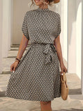 Women's Print Tent Dress Round Neck Tie Belt Short Sleeve Casual Spring Summer Knee Length S-XL