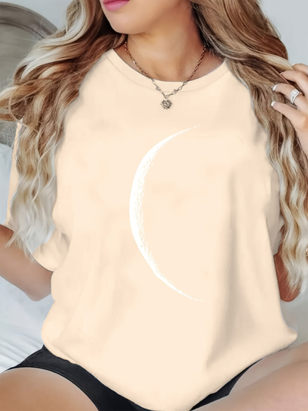 Crew Neck Letter Print Tee Women Chic Casual Short Sleeve Layering T-Shirt Soft Comfortable Everyday Top Neutral Colors