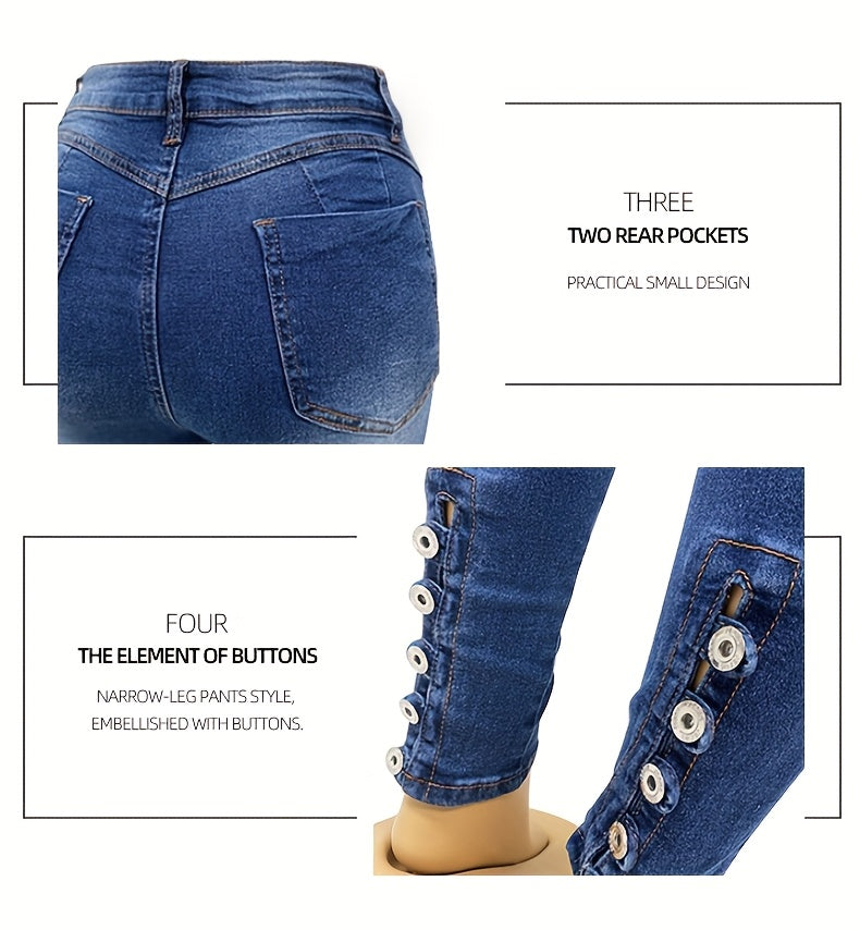 High-Waist Skinny Jeans for Women Stretch Hip-Lifting Tight Fit Button Detail Fashion Denim Pants All-Season S-XXL