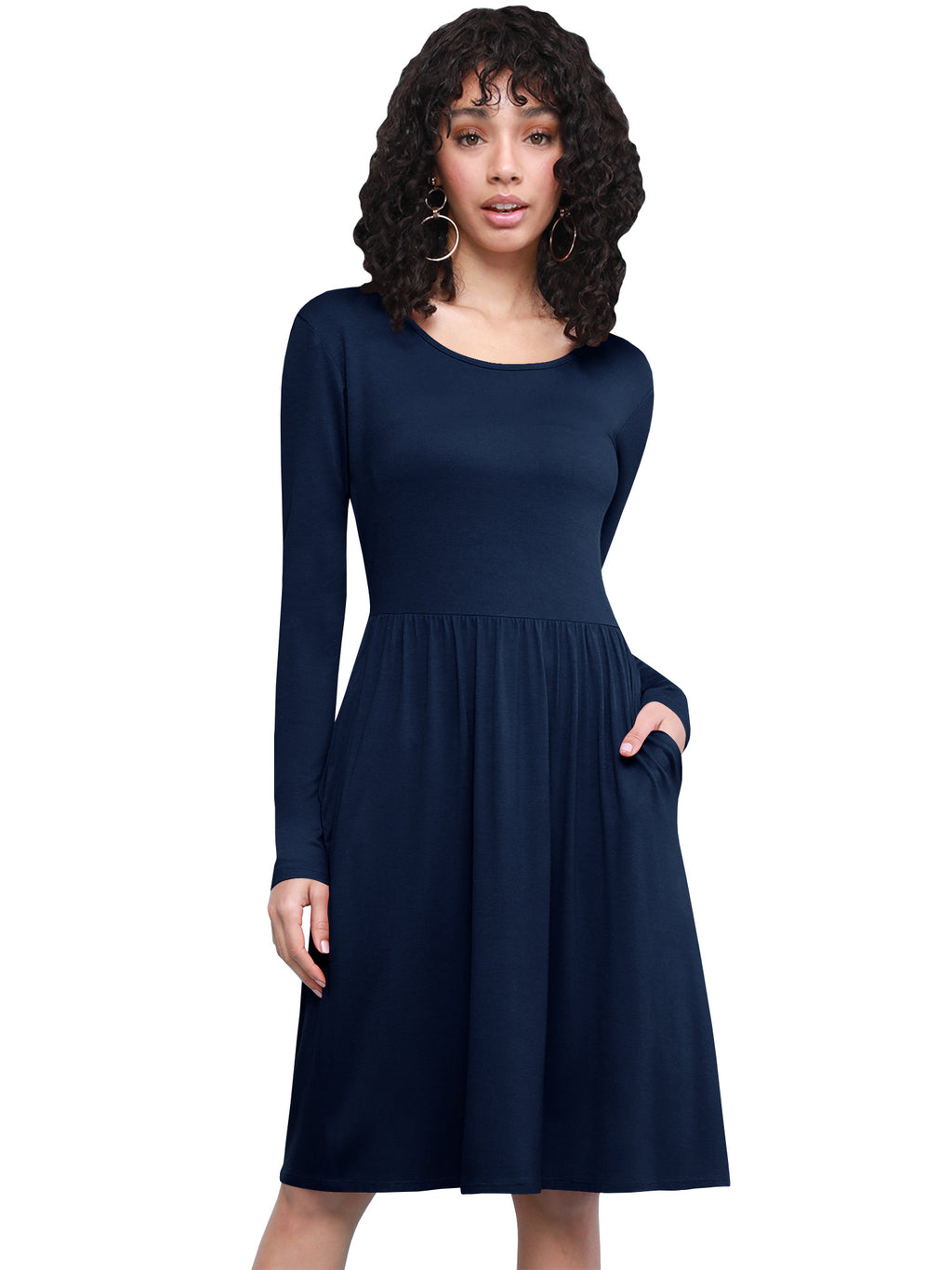 Long Sleeve Flowy Dress with Pockets Women Casual Soft Breathable Relaxed Fit Everyday Dress 18 Colors S-XXL