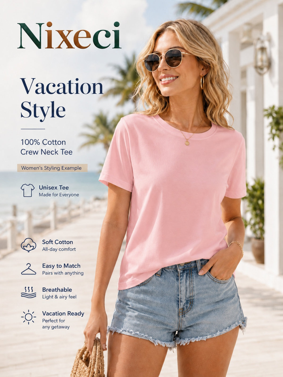 Tropical Palm Print T-Shirt for Women – Retro Hawaiian Coconut Tree Short Sleeve Crewneck Loose Beach Vacation Top, Casual Surfing Poolside Shirt