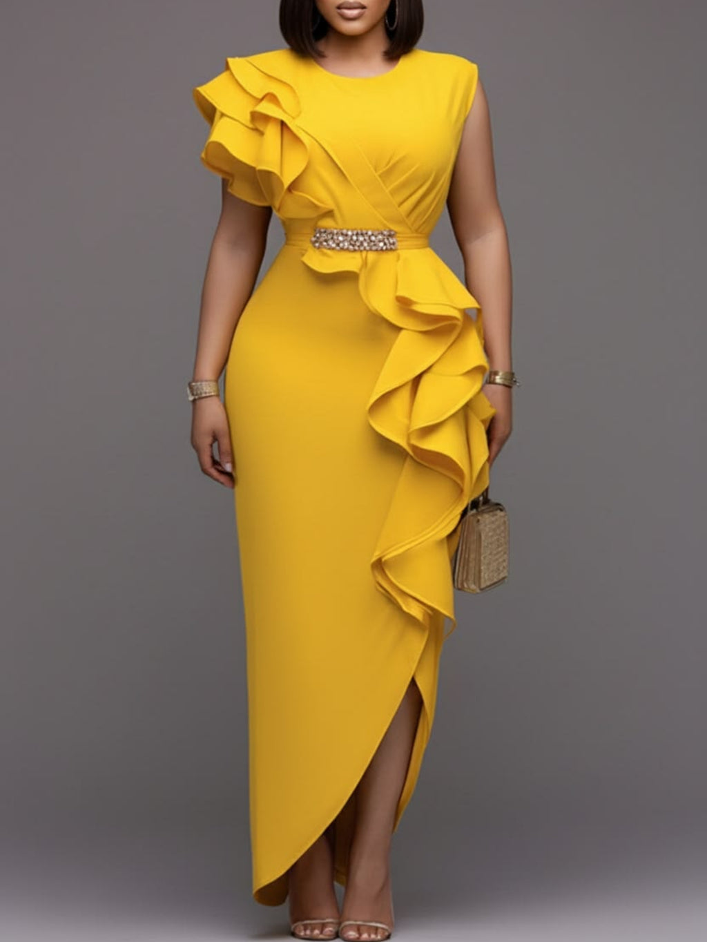 Mermaid Fishtail Dress Women Ruffled Waist Sleeveless Slit Formal Evening Wedding Prom Elegant Solid Color Round Neck