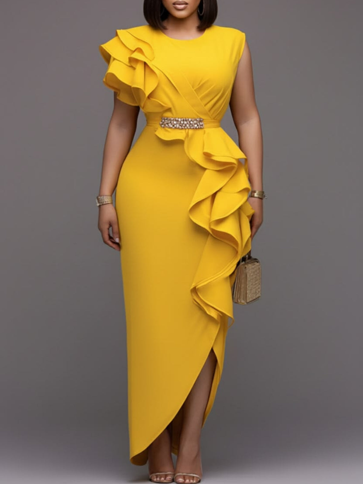 Mermaid Fishtail Dress Women Ruffled Waist Sleeveless Slit Formal Evening Wedding Prom Elegant Solid Color Round Neck