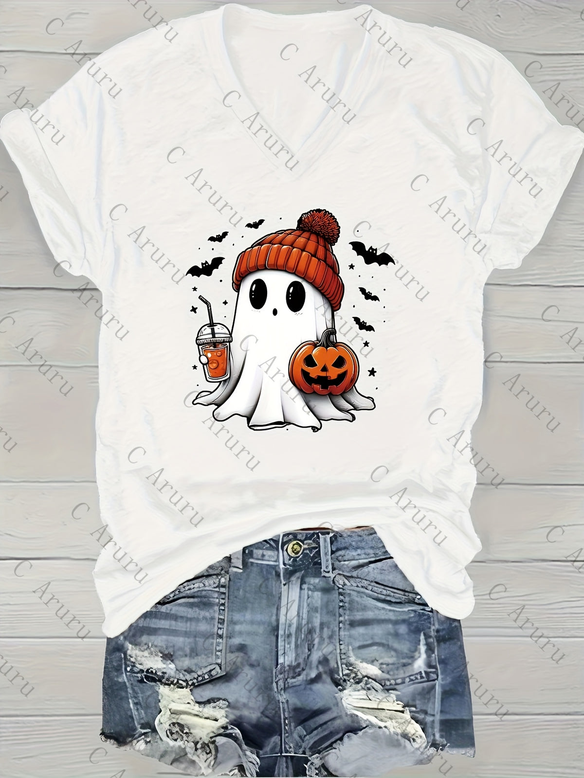 Ghost Print V-Neck T-Shirt Women Casual Short Sleeve Graphic Tee Fun Holiday Gift Spring Summer Top S-XXL