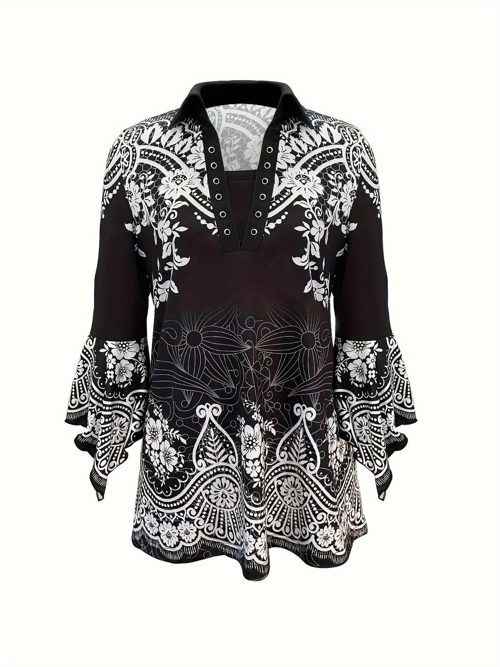 Printed Lapel Button-Up Top Three-Quarter Irregular Sleeve Women's Casual Blouse Spring Fall Stretch Knit S-XXL