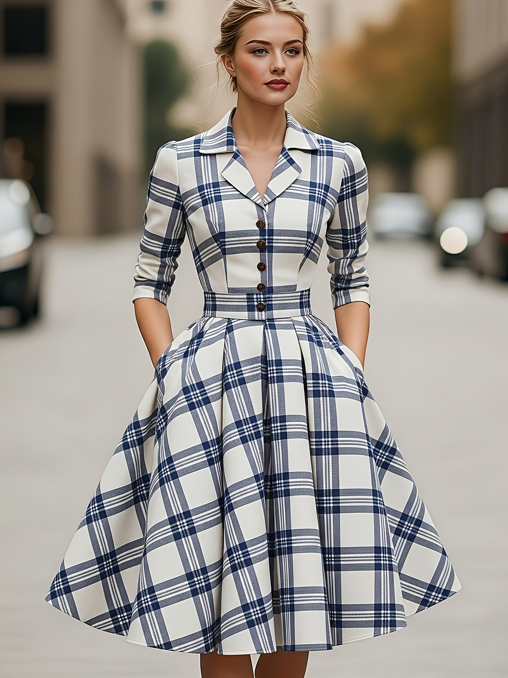 Burgundy Plaid Blazer-Style Midi Dress Women Waist-Defining A-Line Vintage Elegant Workwear Office Banquet Holiday Dress S-XXL