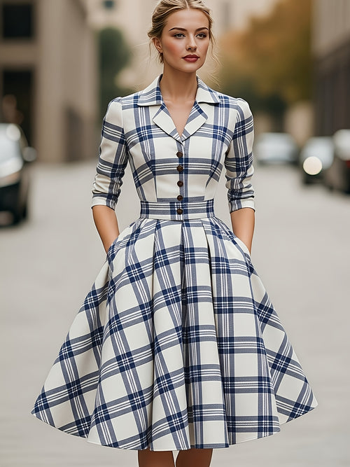 Burgundy Plaid Blazer-Style Midi Dress Women Waist-Defining A-Line Vintage Elegant Workwear Office Banquet Holiday Dress S-XXL