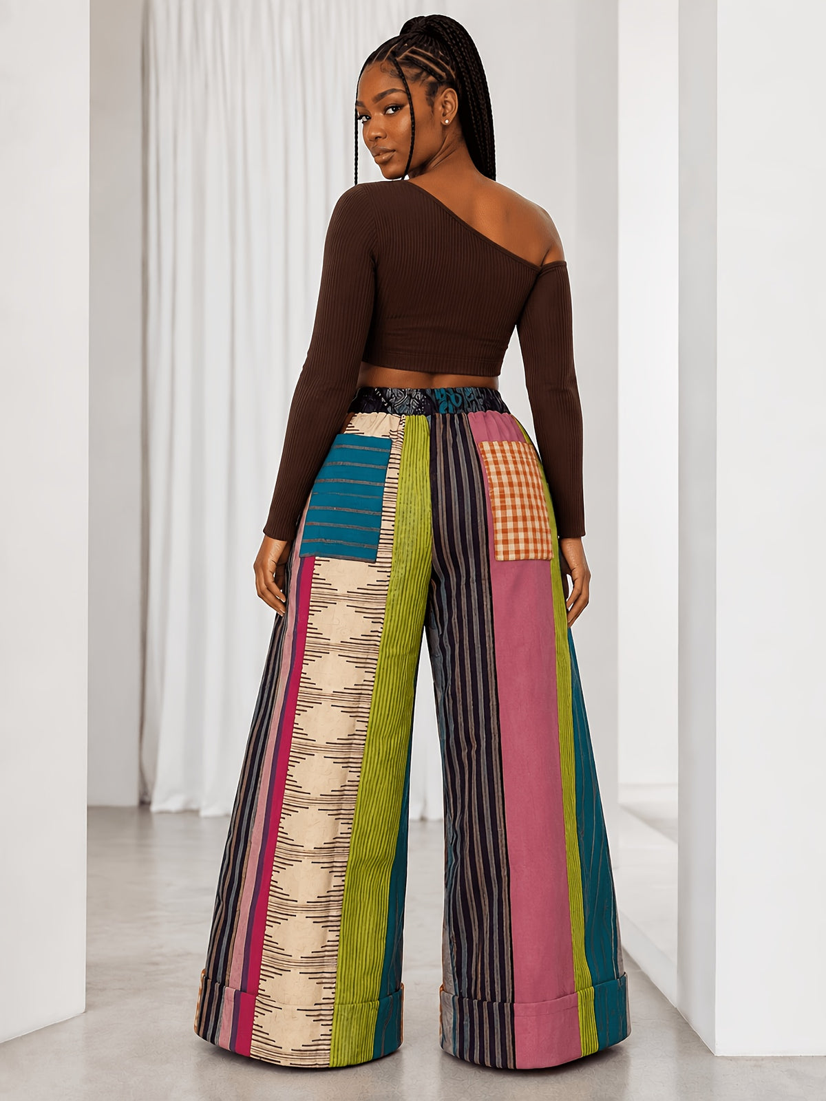 Colorful Stripe Wide Leg Pants Women Gothic Halloween Casual Multicolor Trousers Fall Winter S-XXL