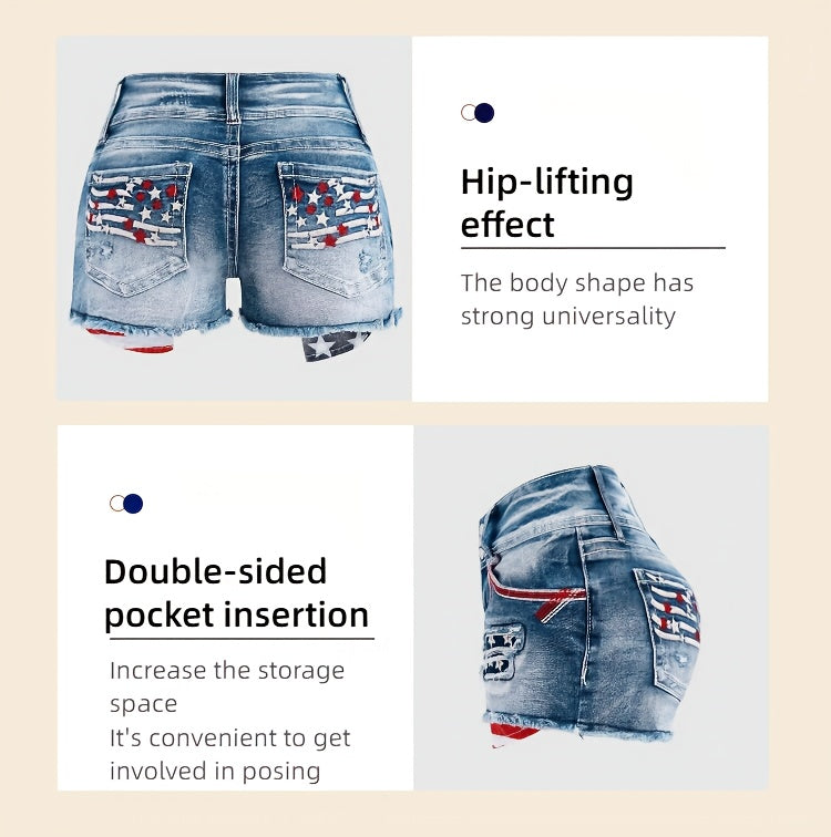Stretch Denim Shorts for Women - Retro Color Block Embroidery Mid Rise Slim Fit, Built-In Zipper Machine Washable Cotton Blue Casual Jean Shorts for Spring Summer