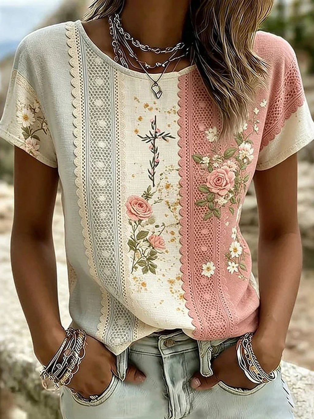 Y2K Geometric Allover Print Boho T-Shirt Women Loose Fit Short Sleeve Round Neck Floral Summer Top Soft Stretch Casual Party Daily Wear S-XXL