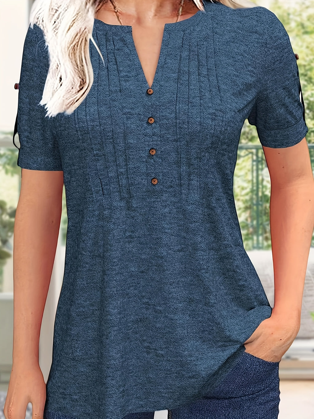 Button Front V-Neck Top Women Pleated Detail Short Sleeve Solid Color Casual Summer Blouse Lightweight Breathable Machine Washable