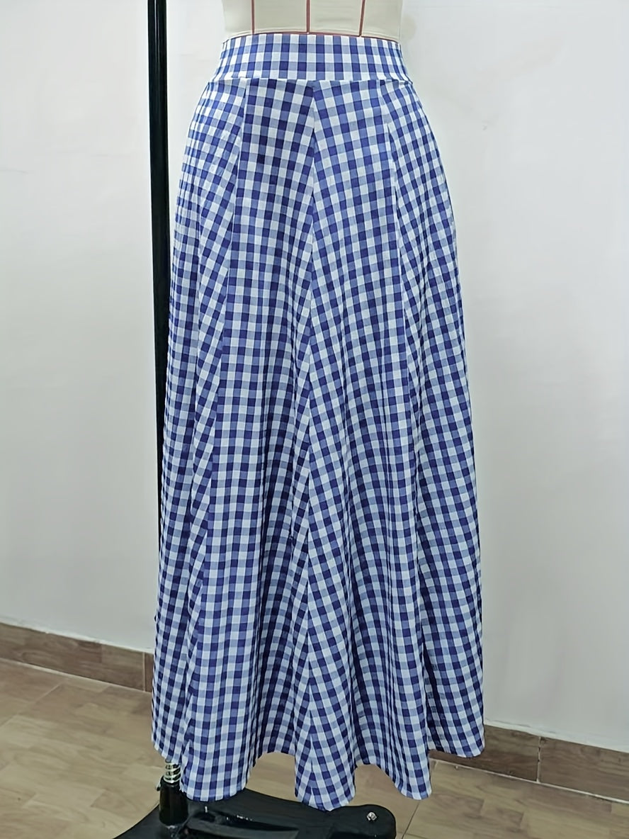 Plaid High Waist A-Line Midi Skirt for Women Checkered Woven Opaque Flowing Mid Length Skirt Spring Fall Casual Streetwear Blue White Black White S-XXL