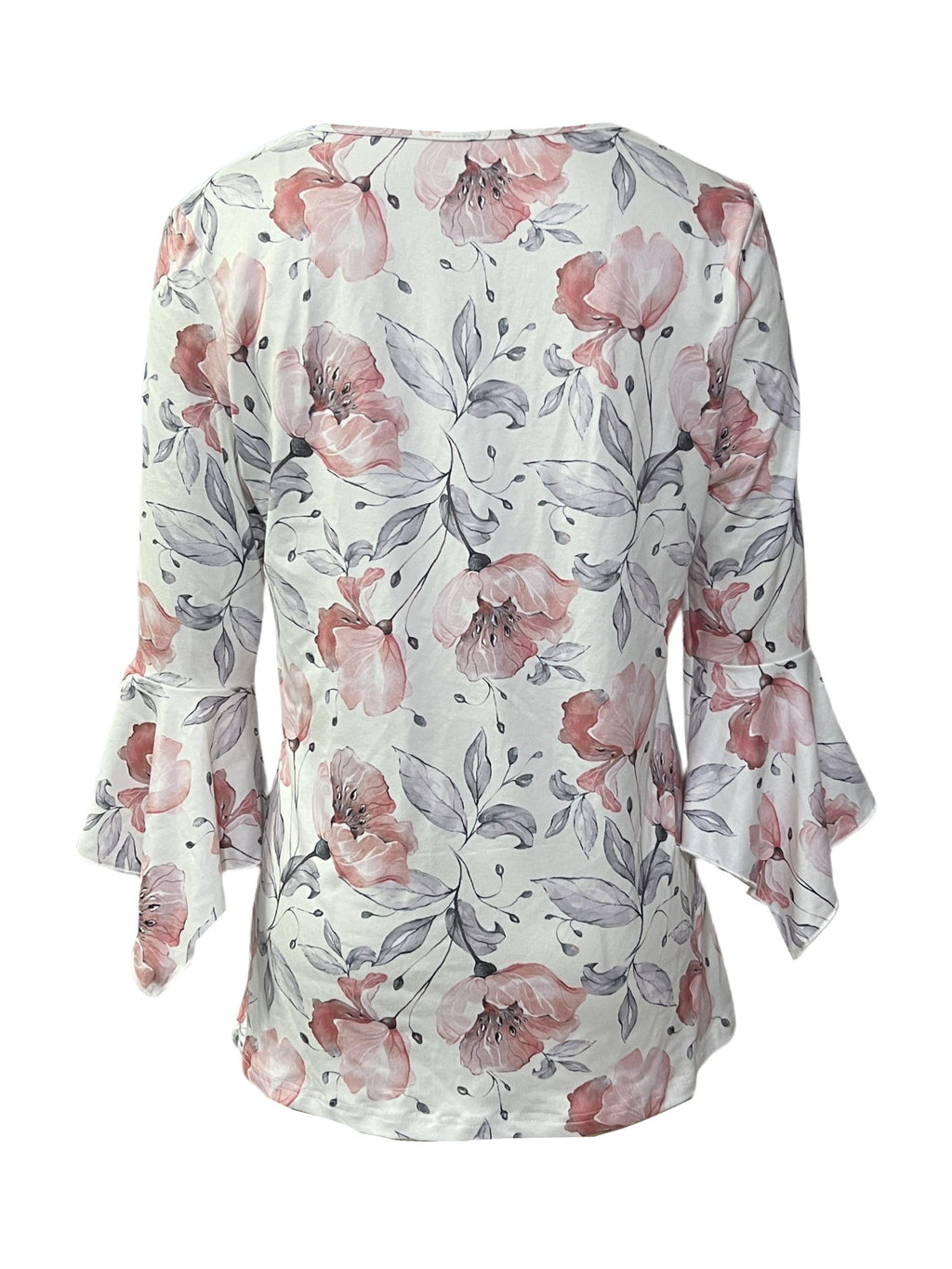 Printed Button V-Neck Women Blouse Irregular Three Quarter Sleeve Casual Top Stretch Knit Spring Fall Everyday Shirt