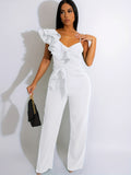 Wide Leg Ruffle Jumpsuit for Women, V-Neck Sleeveless Elegant Romper, Sexy Party Clubwear One Piece Overalls, Asymmetric Spaghetti Strap Summer Jumpsuit
