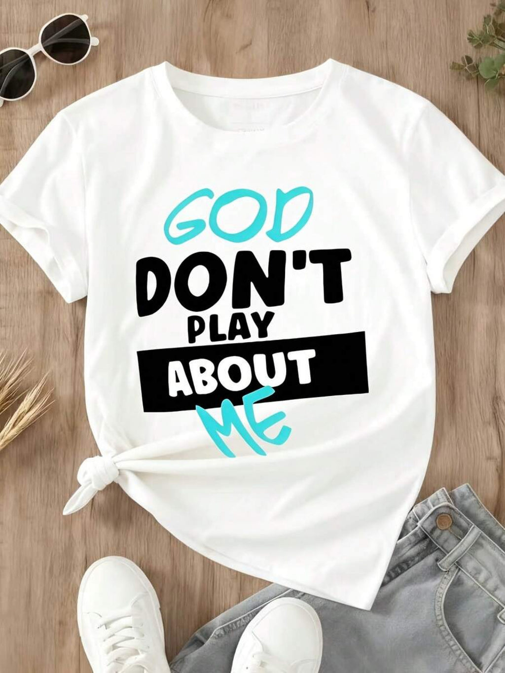 Women's God Don't Play About Me Graphic T-Shirt Crew Neck Short Sleeve Casual Faith Tee