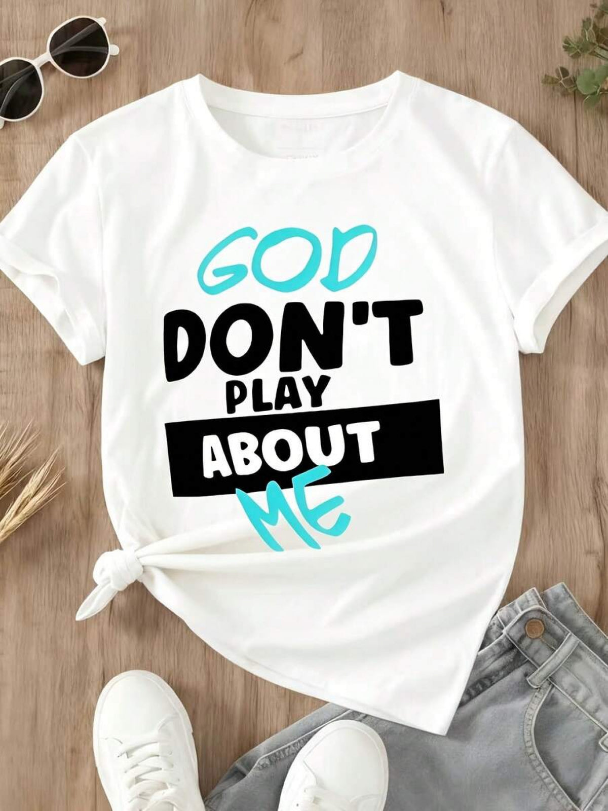 Women's God Don't Play About Me Graphic T-Shirt Crew Neck Short Sleeve Casual Faith Tee