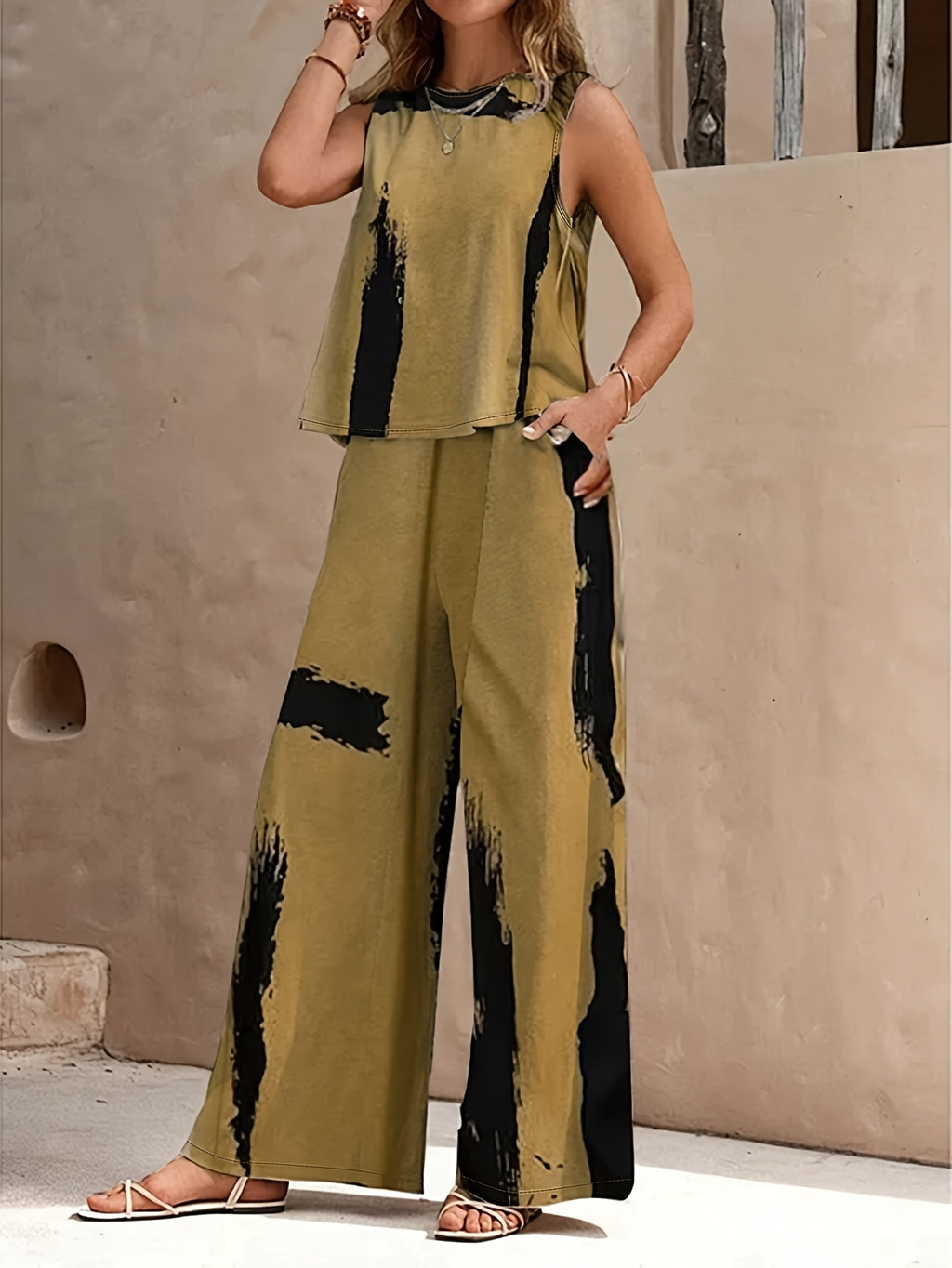 Tank Top Wide Leg Pants 2 Piece Set Women Solid Elegant Matching Outfit with Pockets Apricot Brown S-XL