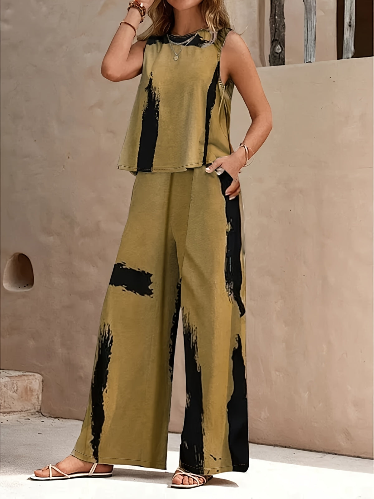 Tank Top Wide Leg Pants 2 Piece Set Women Solid Elegant Matching Outfit with Pockets Apricot Brown S-XL
