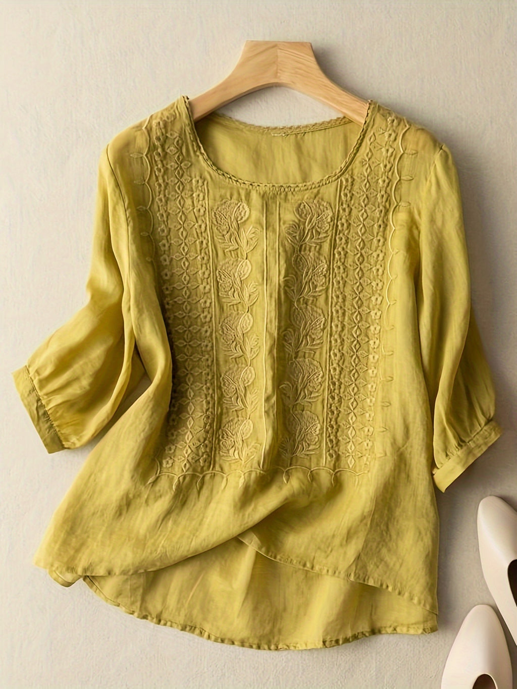 Boho Floral Embroidered Blouse Women V-Neck 3/4 Sleeve Loose Cotton Top Casual Applique All-Season Stretch Shirt S-XXL