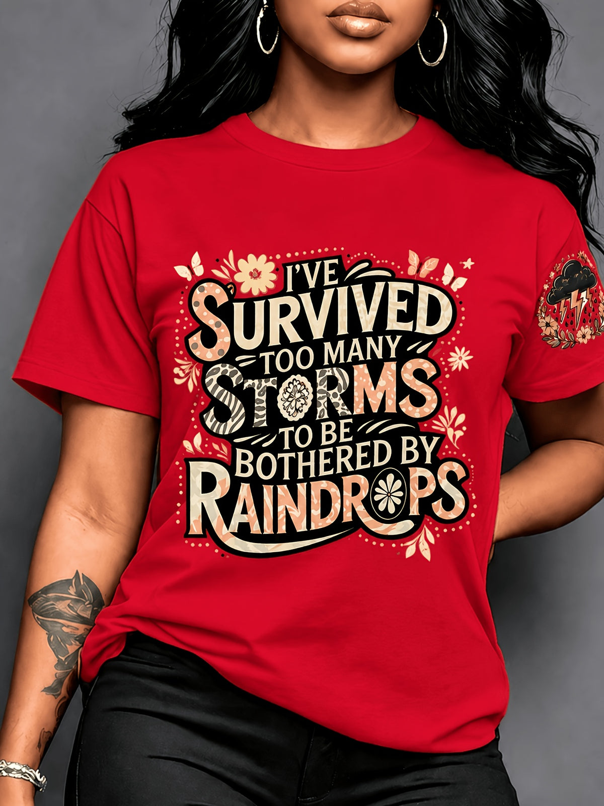Women's Casual Graphic Crew Neck T-Shirt 'I've Survived Too Many Storms' Print | Maternity Clothes Ladies Top Opaque Fabric Seasonal Fashion