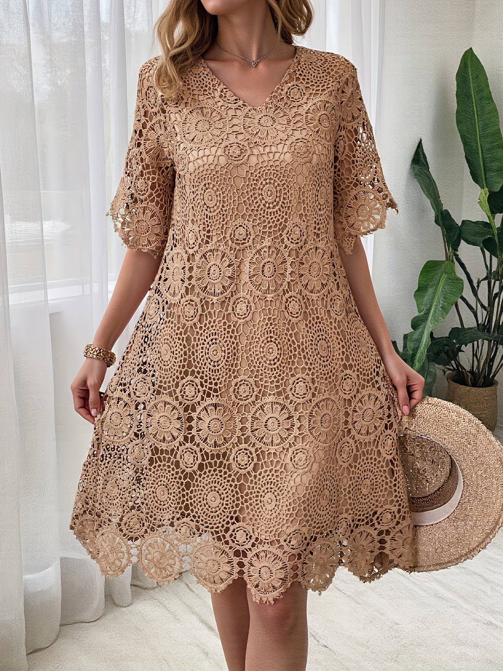 Hollow Out Lace V-Neck Short Sleeve Dress for Women - Solid Color Lined Elegant Fashion Dress, 100% Polyester Micro-Elastic Spring Summer Fall S-XXL