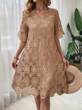 Hollow Out Lace V-Neck Short Sleeve Dress for Women - Solid Color Lined Elegant Fashion Dress, 100% Polyester Micro-Elastic Spring Summer Fall S-XXL