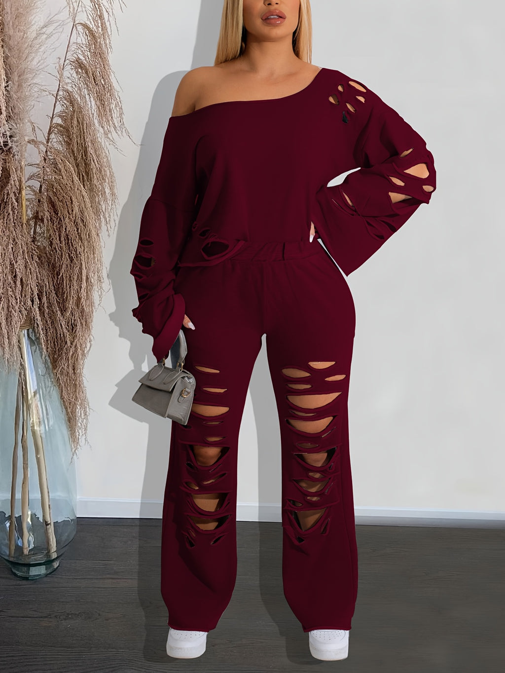 Distressed 2 Piece Set Women Off Shoulder Long Sleeve Top and Ripped Pants Streetwear Outfit - Casual Party Knit Co-ord Spring Fall