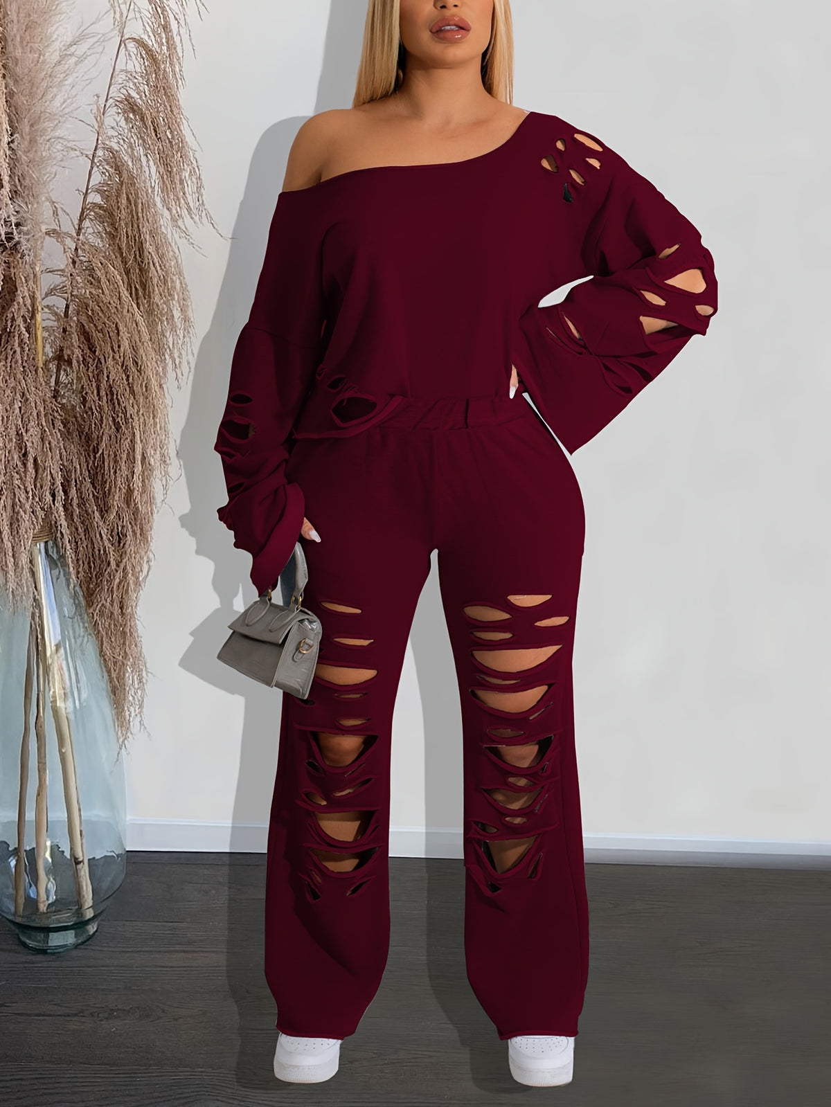 Distressed 2 Piece Set Women Off Shoulder Long Sleeve Top and Ripped Pants Streetwear Outfit - Casual Party Knit Co-ord Spring Fall