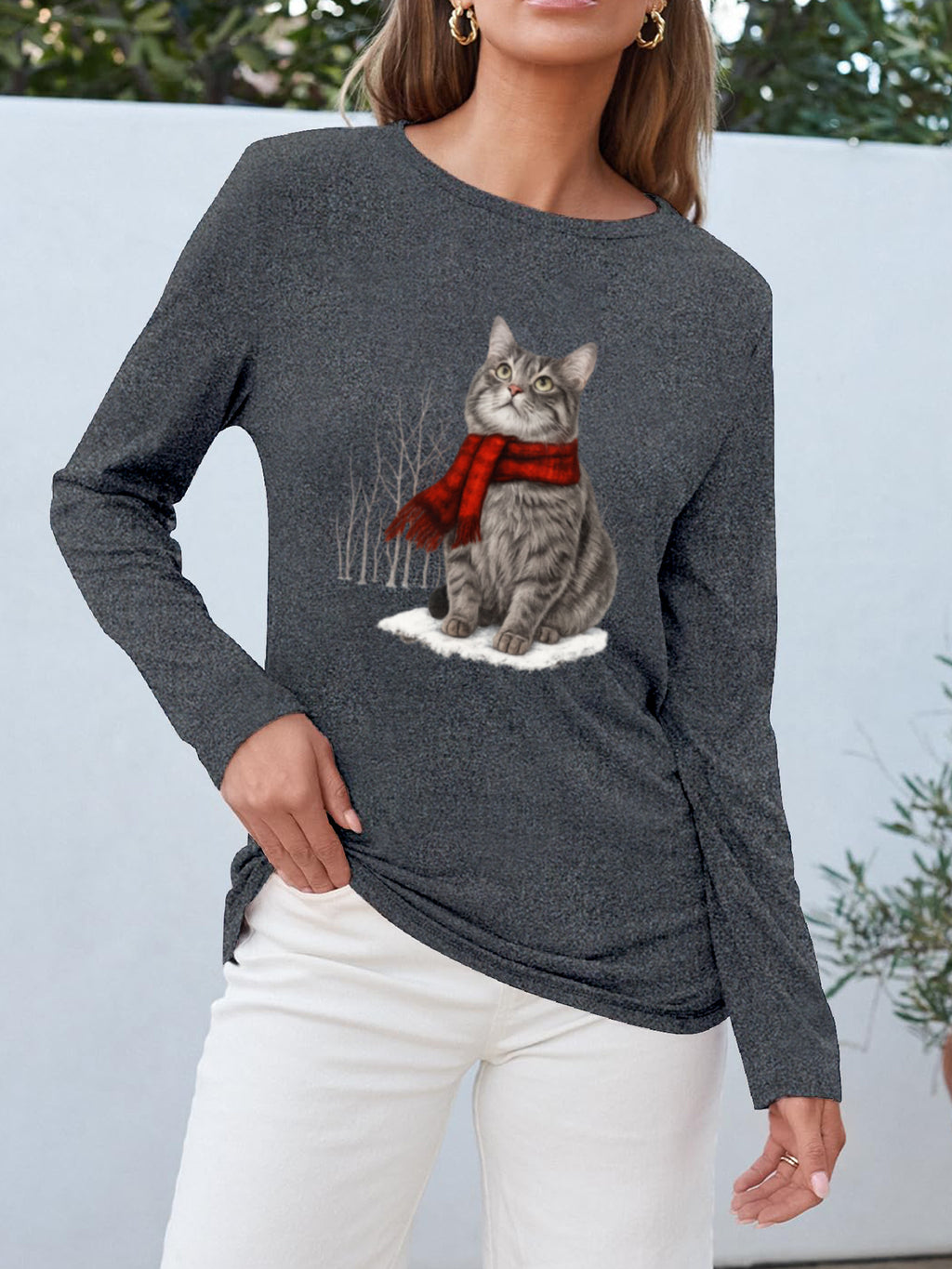Christmas Cat Print Women Long Sleeve T-Shirt Crew Neck Casual Holiday Graphic Tee Soft Breathable Multi-Color Top Spring Fall